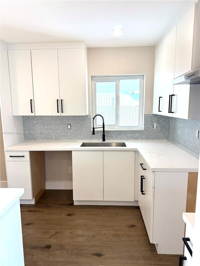 kitchen featuring light countertops, dark wood-type flooring, a sink, and white cabinetry