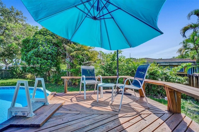 wooden deck with a fenced backyard and an outdoor pool