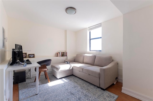 living room with baseboards and wood finished floors