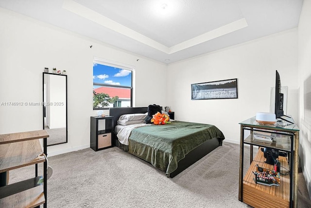 carpeted bedroom featuring a raised ceiling and baseboards