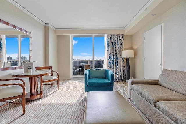 carpeted living room featuring ornamental molding, a city view, and plenty of natural light