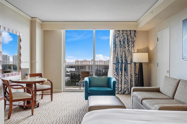 living area with a view of city, crown molding, and carpet flooring