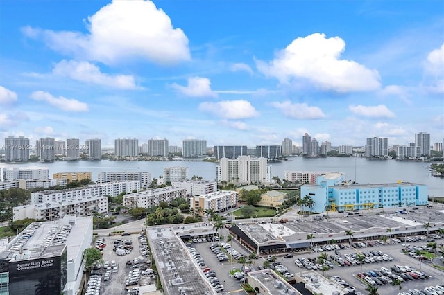 birds eye view of property with a city view and a water view