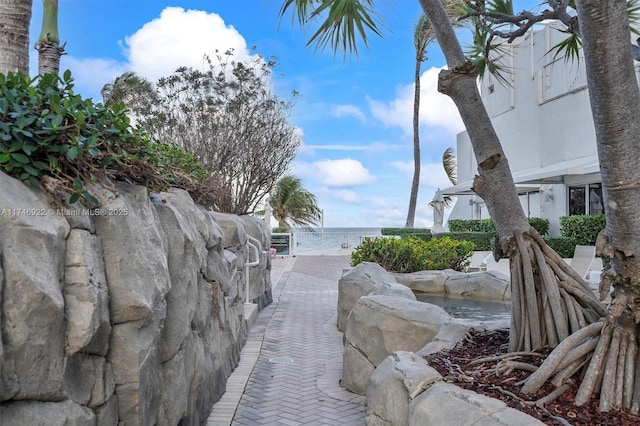 view of street with a water view