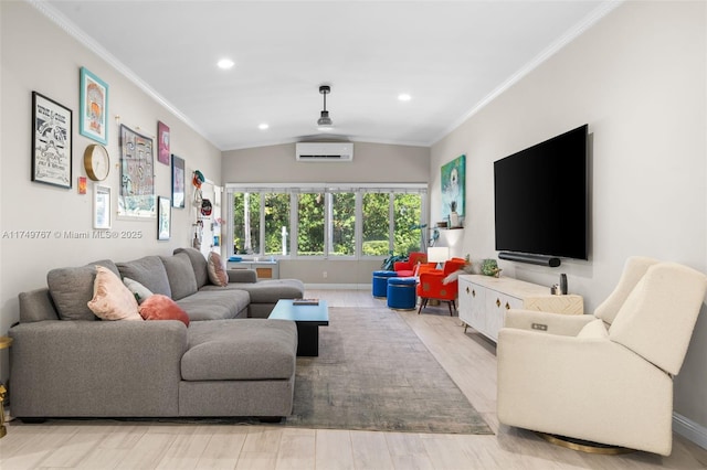 living room with baseboards, vaulted ceiling, ornamental molding, wood finished floors, and a wall mounted AC