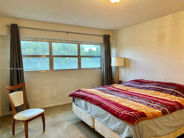 bedroom featuring a textured ceiling, carpet flooring, and baseboards