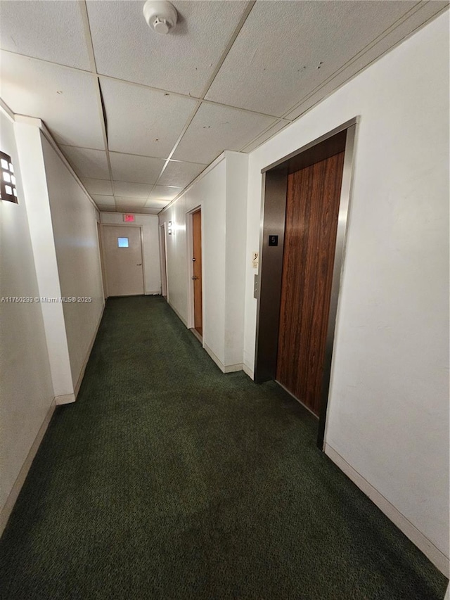 corridor featuring dark colored carpet, a drop ceiling, and baseboards