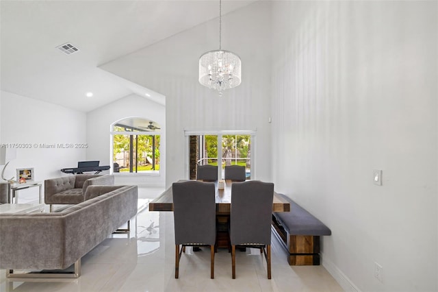 dining space with baseboards, visible vents, an inviting chandelier, high vaulted ceiling, and recessed lighting