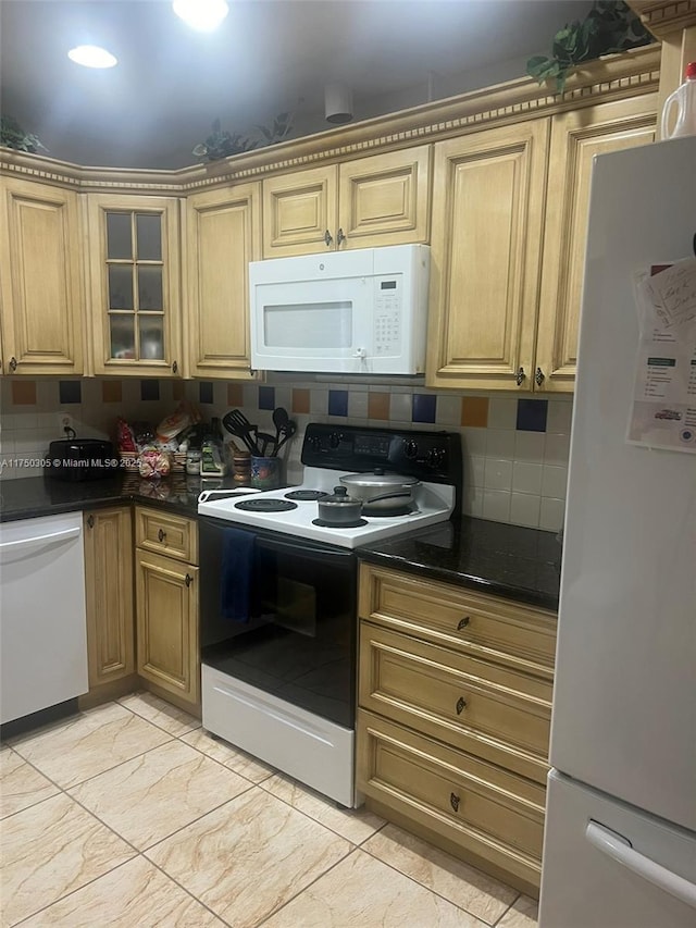 kitchen with glass insert cabinets, white appliances, marble finish floor, and decorative backsplash