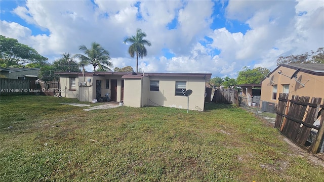 rear view of property featuring a fenced backyard, a yard, and stucco siding