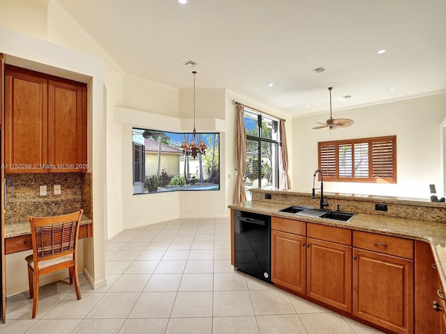 kitchen with a sink, brown cabinets, decorative backsplash, dishwasher, and crown molding