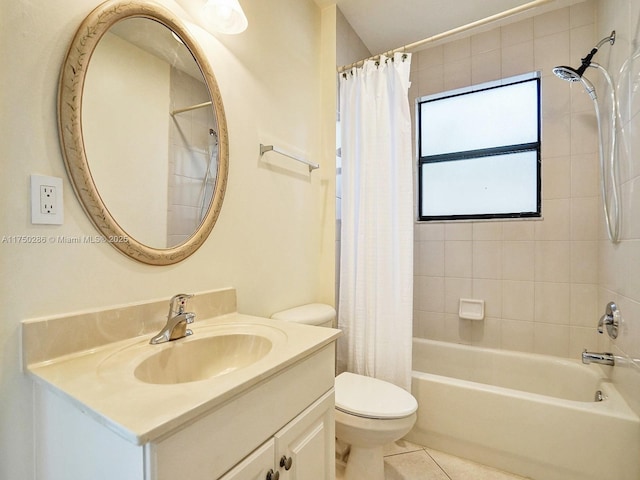 full bath with toilet, vanity, shower / bath combination with curtain, and tile patterned floors