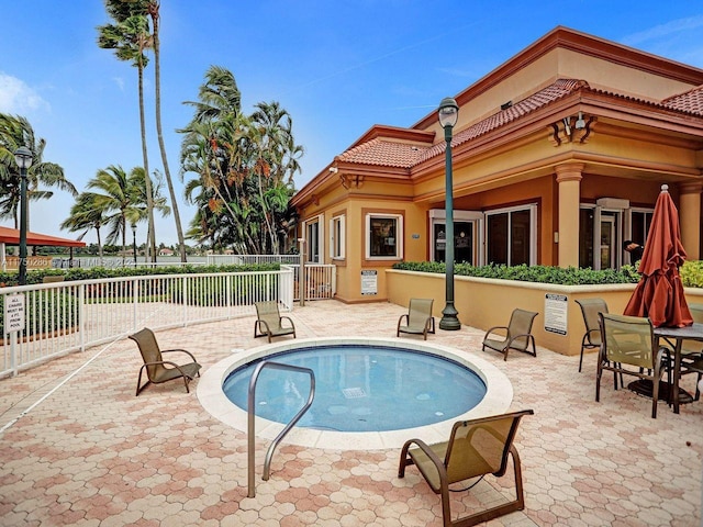 view of pool with a fenced in pool, a patio, and fence