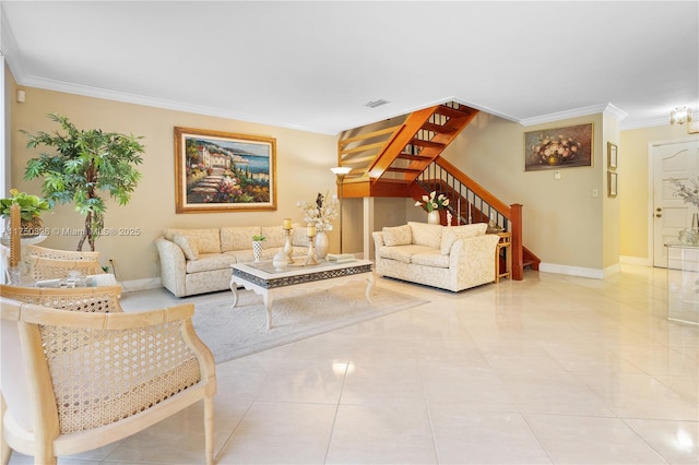 living room featuring baseboards, visible vents, tile patterned floors, stairs, and crown molding