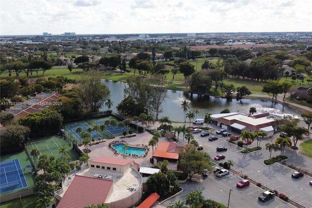 drone / aerial view with a water view