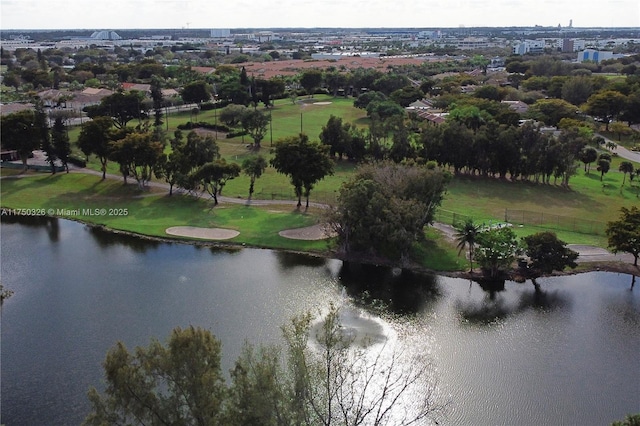 bird's eye view with a water view