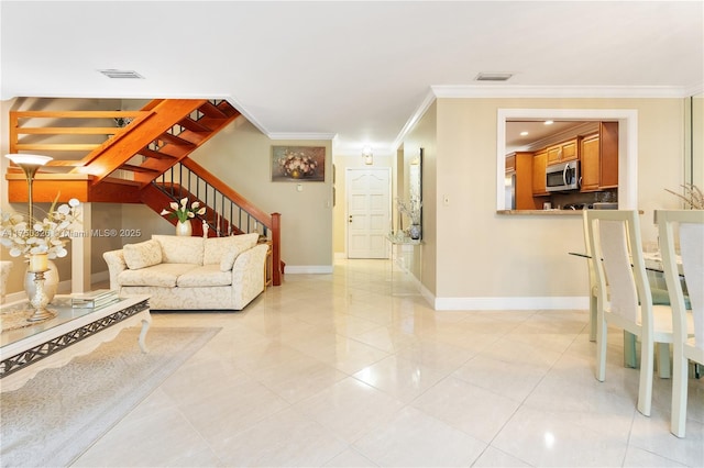 9943 Costa Del Sol Blvd Unit B-108A, Doral, FL 33178 - living area featuring stairway, ornamental molding, and light tile patterned floors