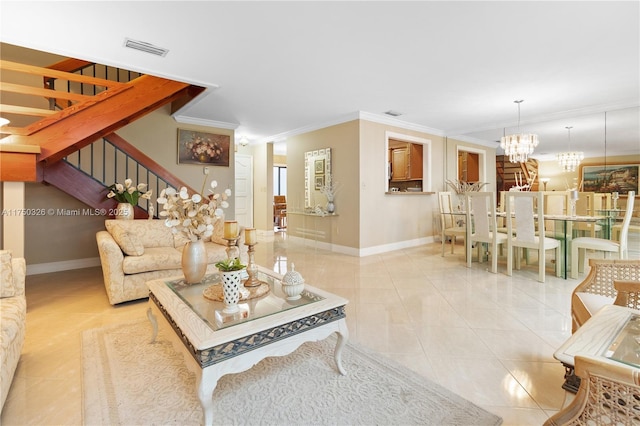 living room featuring light tile patterned floors, visible vents, stairway, ornamental molding, and a chandelier