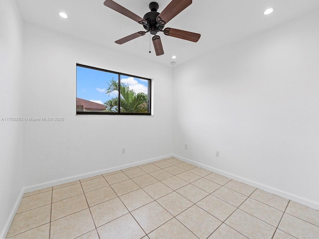 unfurnished room featuring recessed lighting, ceiling fan, and baseboards