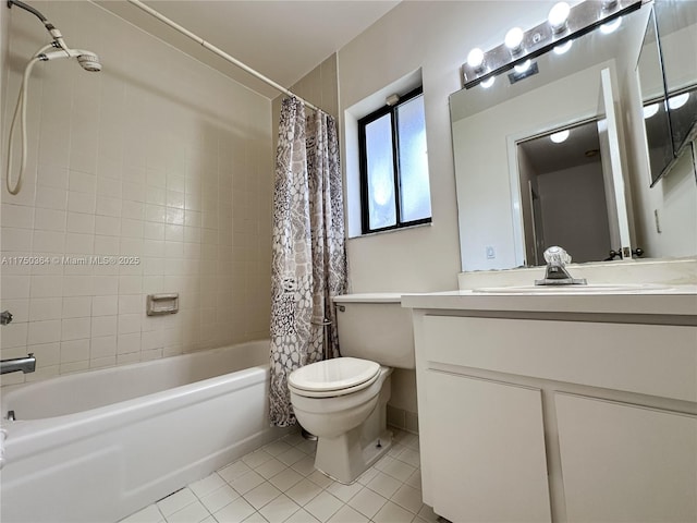 bathroom with shower / bath combo with shower curtain, tile patterned flooring, toilet, and vanity