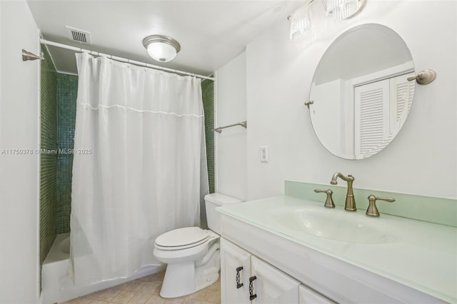 full bath featuring visible vents, toilet, shower / tub combo, vanity, and tile patterned flooring