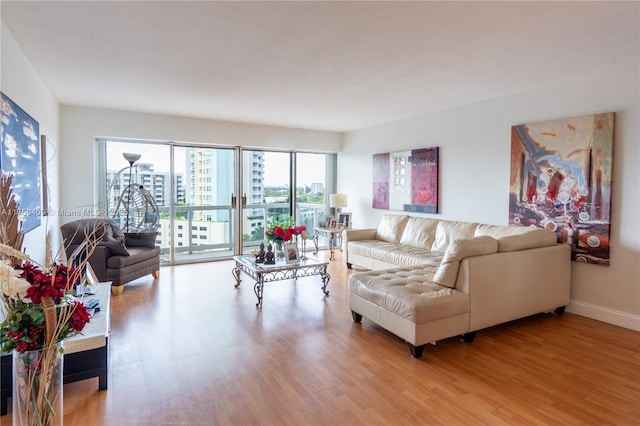 living area with baseboards, a city view, and light wood finished floors