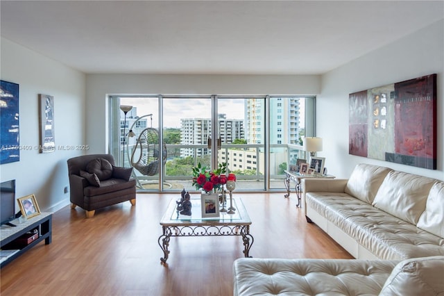 living room featuring light wood-type flooring and a city view