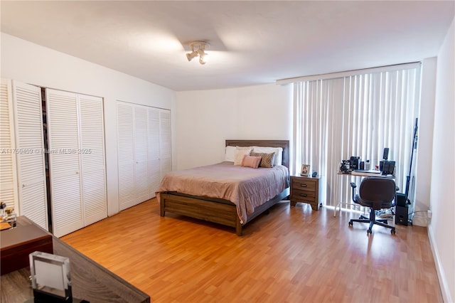 bedroom featuring two closets and wood finished floors