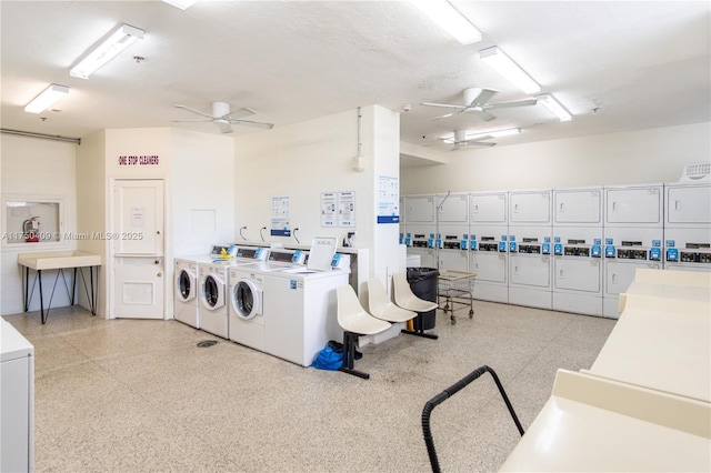 community laundry room with stacked washer and dryer, washing machine and dryer, and a ceiling fan