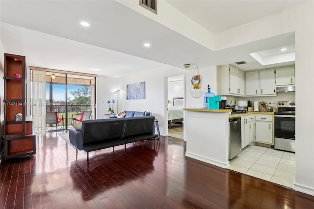 kitchen featuring open floor plan, a peninsula, stainless steel appliances, light countertops, and under cabinet range hood