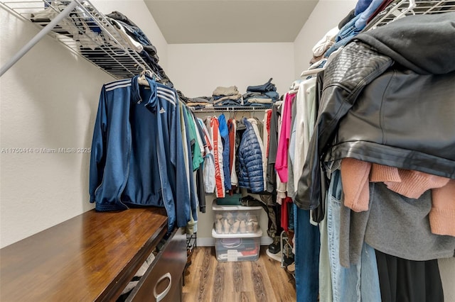 walk in closet with wood finished floors