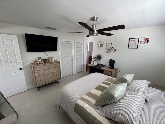 bedroom with ceiling fan, visible vents, and a closet