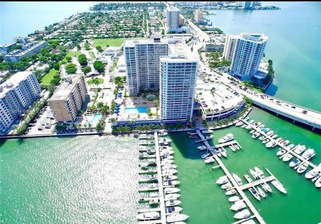 drone / aerial view with a view of city and a water view