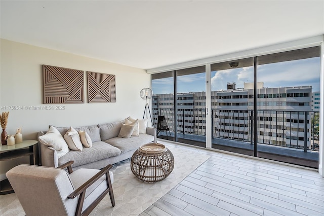 living room featuring expansive windows, light wood-type flooring, and a city view