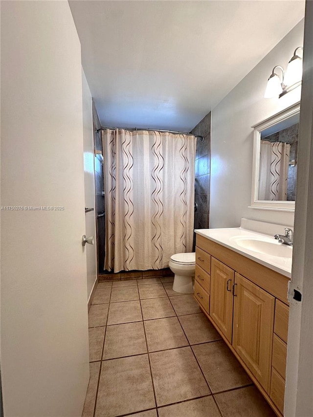 full bath with toilet, tile patterned flooring, and vanity