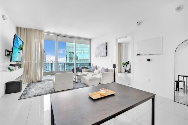 living room featuring expansive windows and tile patterned floors