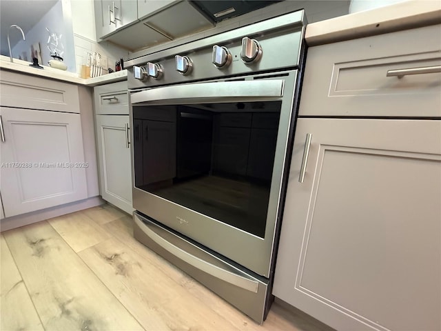 details featuring stainless steel stove and light wood-style floors