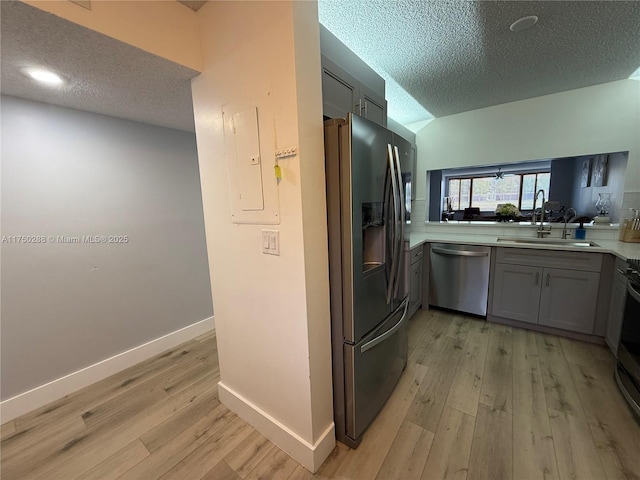 kitchen with light wood finished floors, appliances with stainless steel finishes, light countertops, gray cabinetry, and a sink