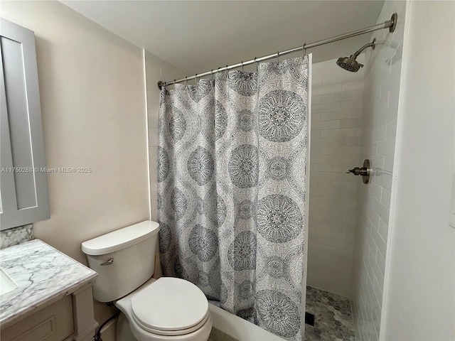 full bathroom with a shower stall, vanity, and toilet