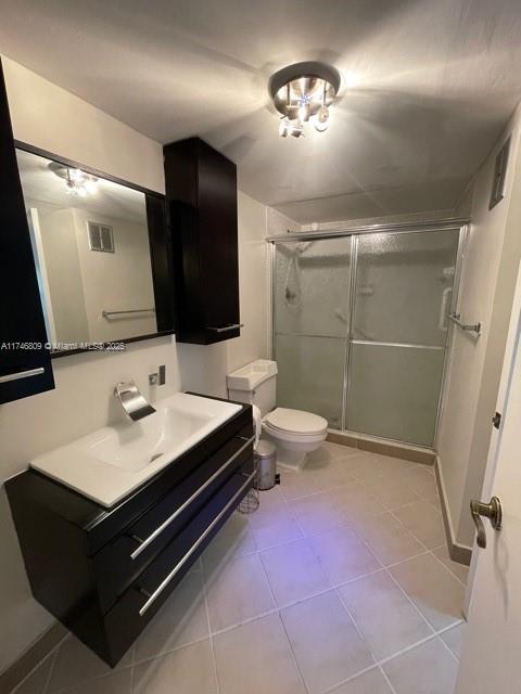 bathroom with visible vents, toilet, tile patterned flooring, vanity, and a shower stall