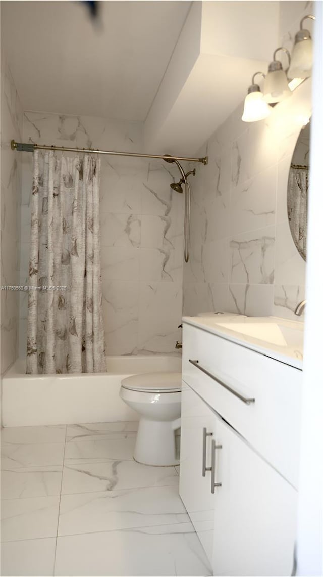 bathroom with shower / bath combination with curtain, marble finish floor, vanity, and toilet