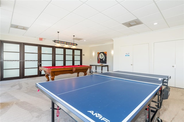 recreation room with pool table, carpet, a drop ceiling, and french doors