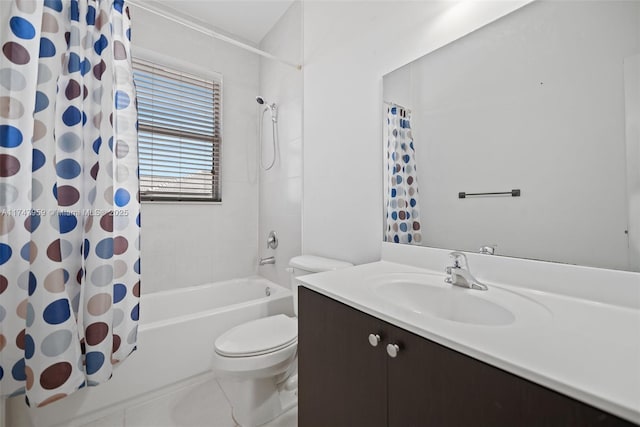bathroom with shower / tub combo, toilet, and vanity