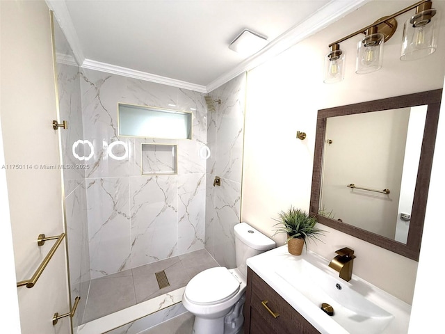 bathroom featuring toilet, a marble finish shower, vanity, and crown molding