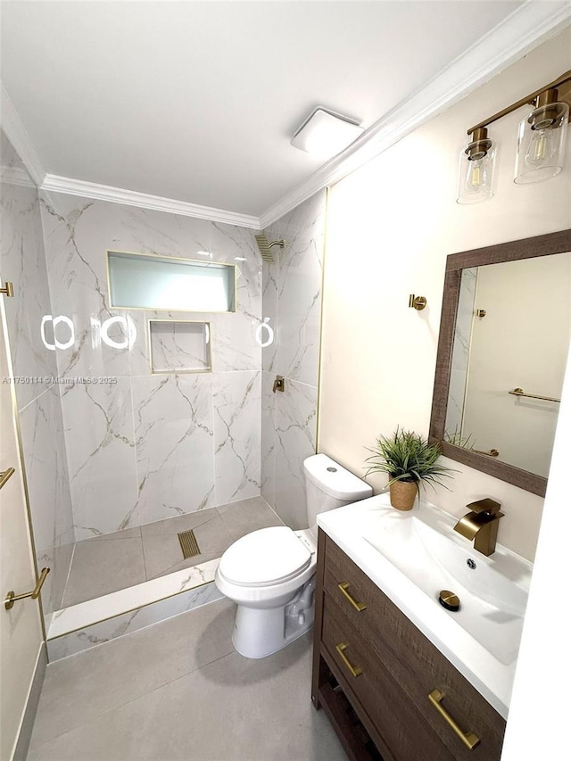 full bathroom with a marble finish shower, ornamental molding, vanity, and toilet