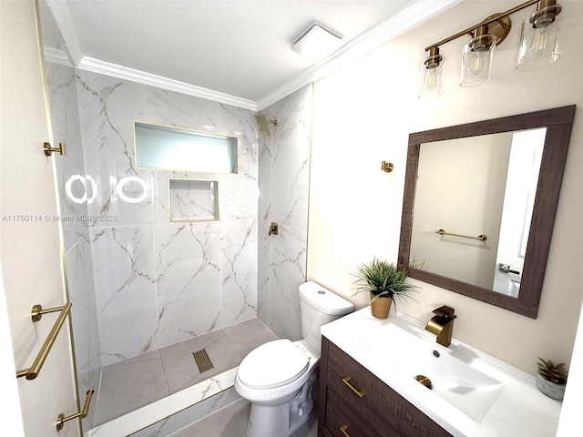 full bath with toilet, a marble finish shower, ornamental molding, and vanity