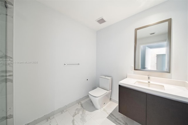 full bath with toilet, vanity, visible vents, baseboards, and marble finish floor