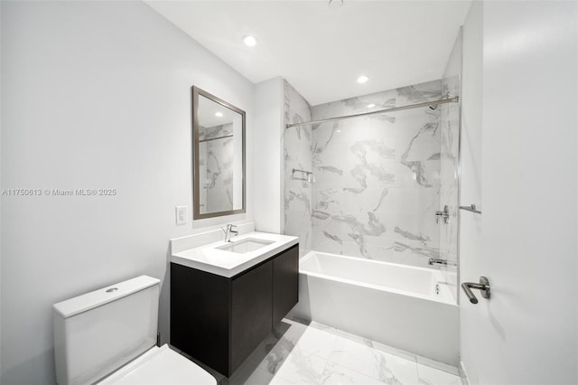 bathroom featuring bathtub / shower combination, toilet, recessed lighting, vanity, and marble finish floor