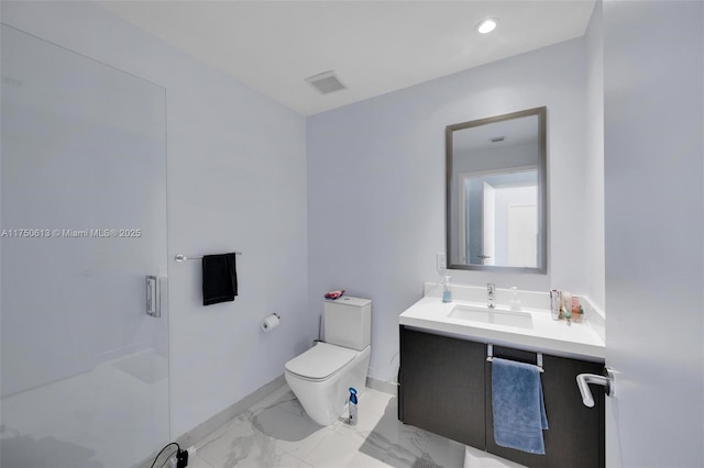 bathroom featuring marble finish floor, recessed lighting, visible vents, toilet, and vanity