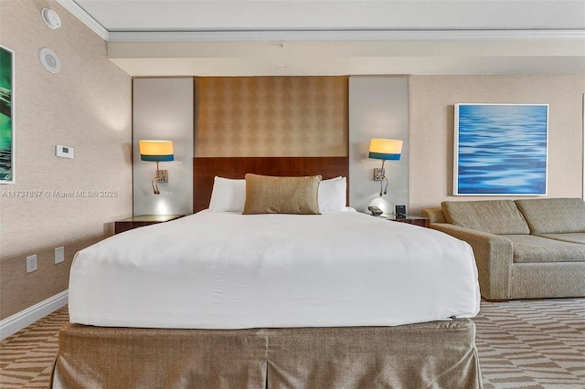 bedroom with baseboards, carpet floors, a textured wall, and crown molding